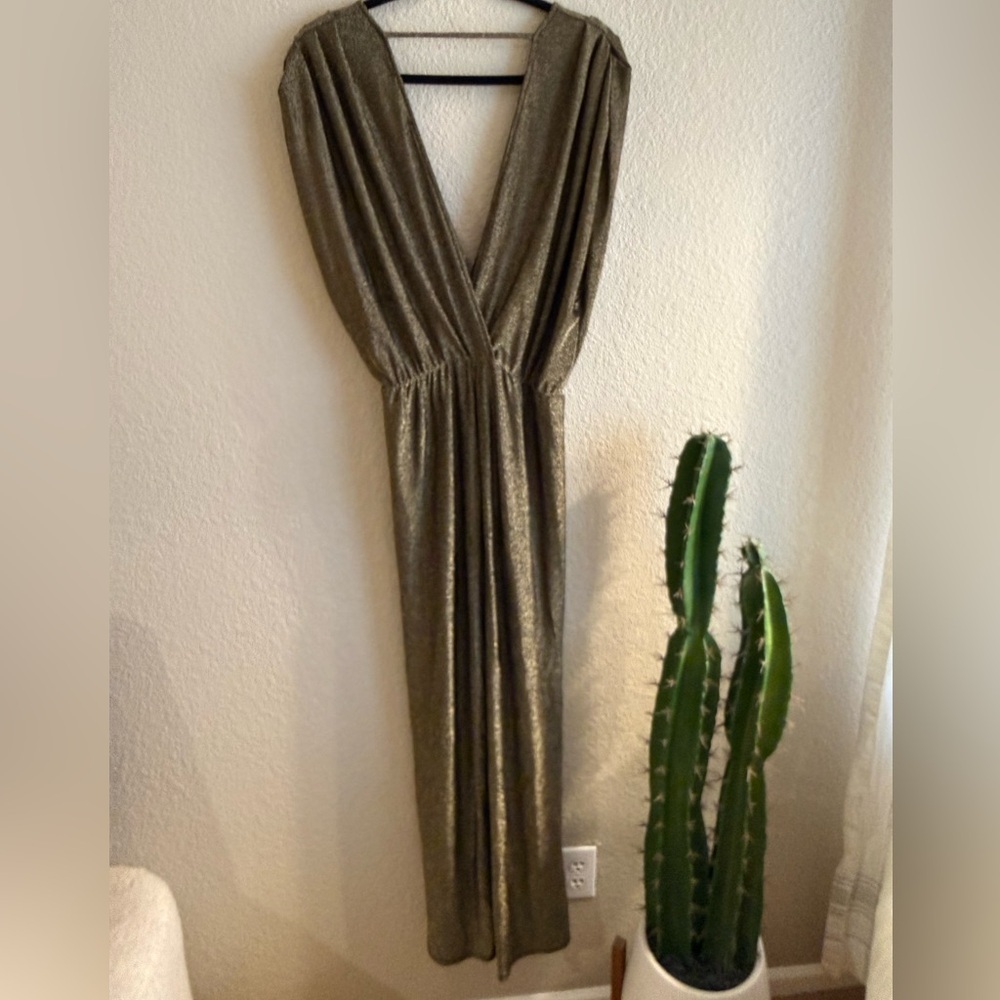 Fraiche by J Drapey Metallic Bronze V-Neck Women’s Evening Dress - Picture 7 of 9